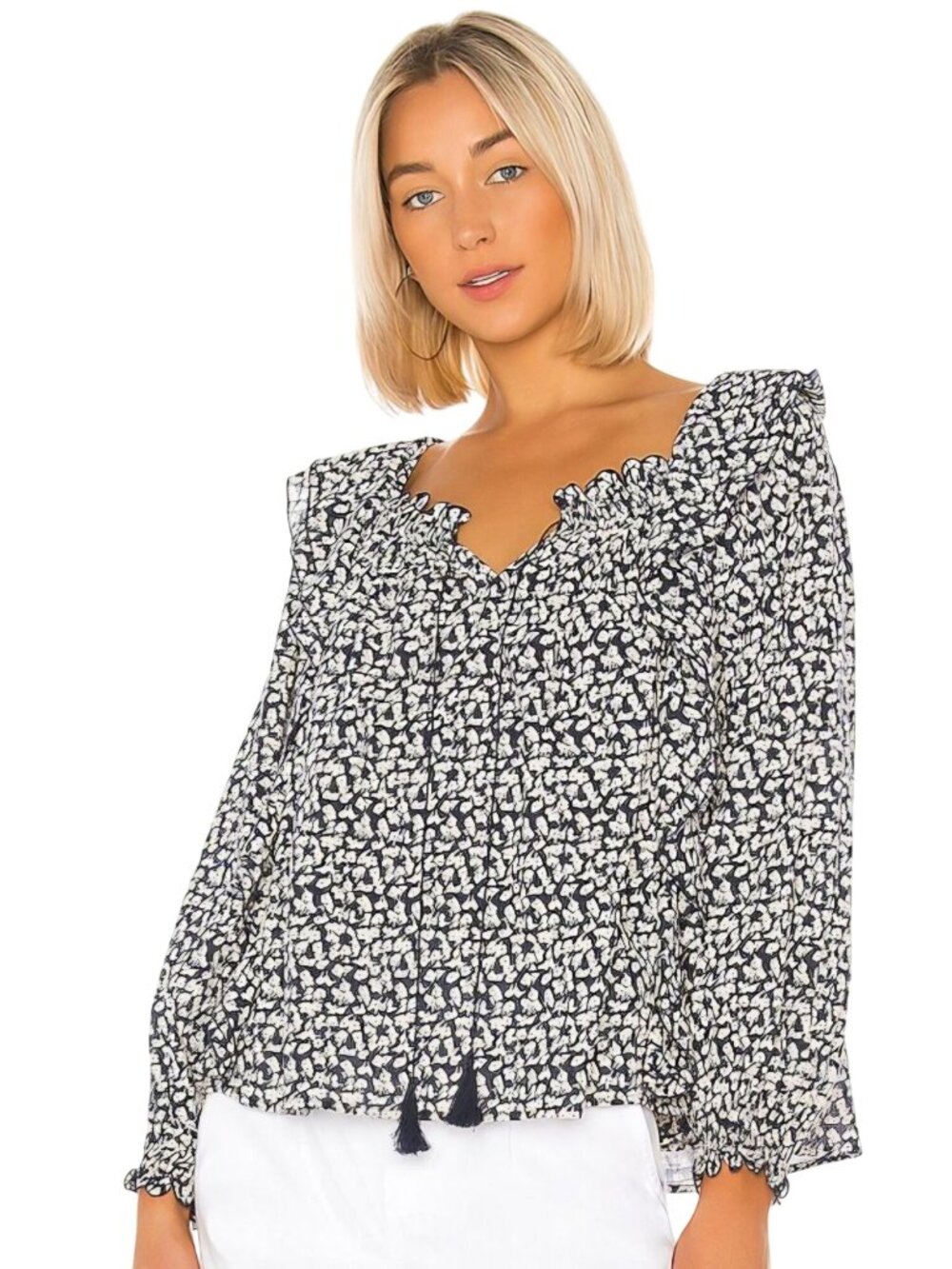 The Great The Song Blouse Navy Bohemian Ruffled Balloon Sleeve Size 2/M